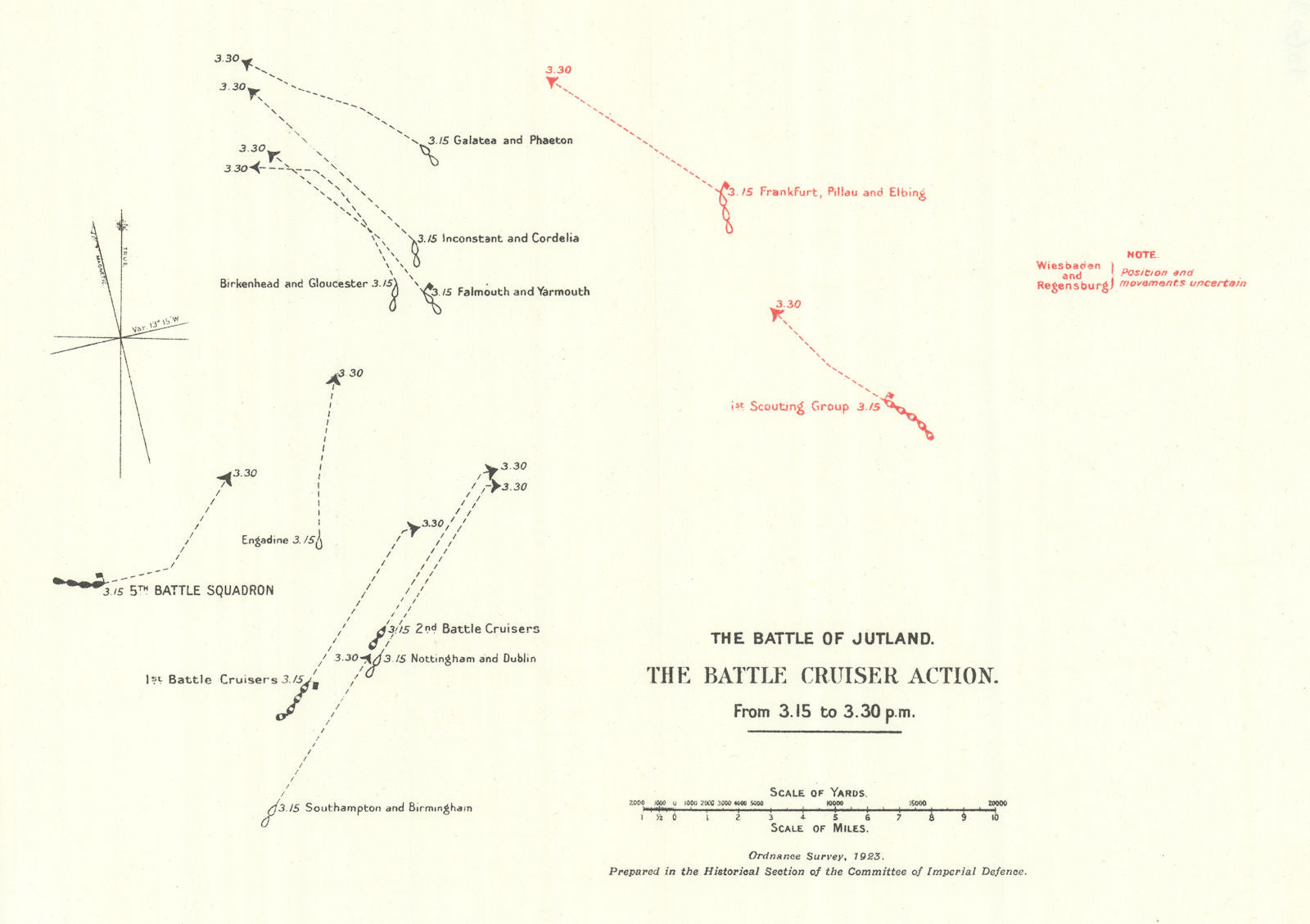 Battle of Jutland. Battle Cruiser Action 3.15-3.30 pm 31 May 1916. WW1. 1923 map